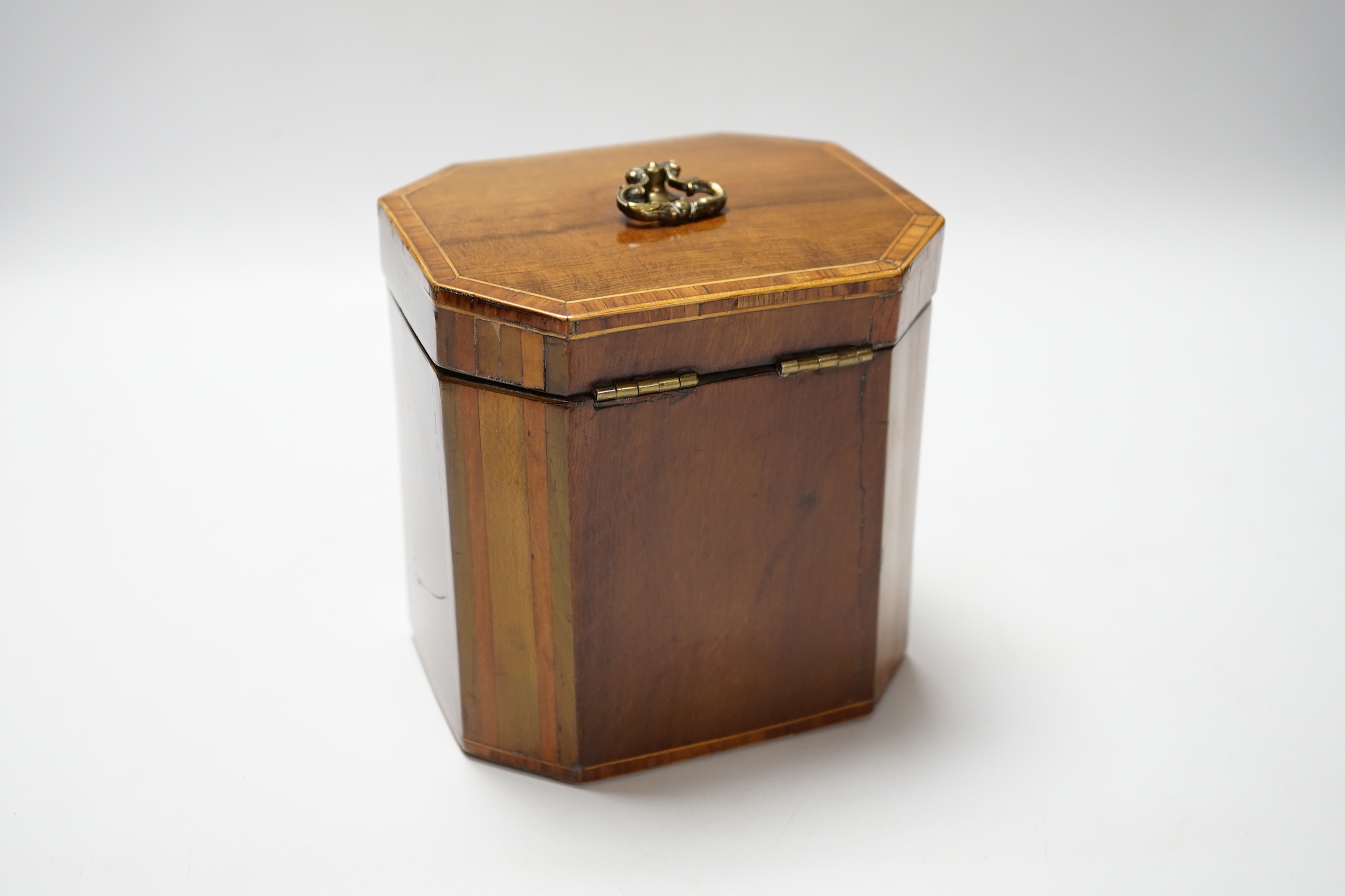 A Regency inlaid octagonal tea caddy and ivory escutcheon lock, 13cm high CITES Submission reference L5T8A768
